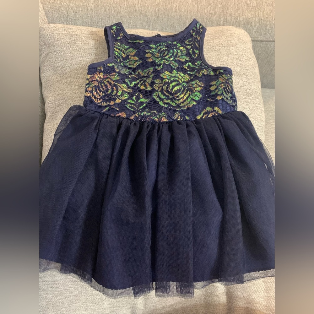 Baby girl 12 months navy blue dress with iridescent floral lace design